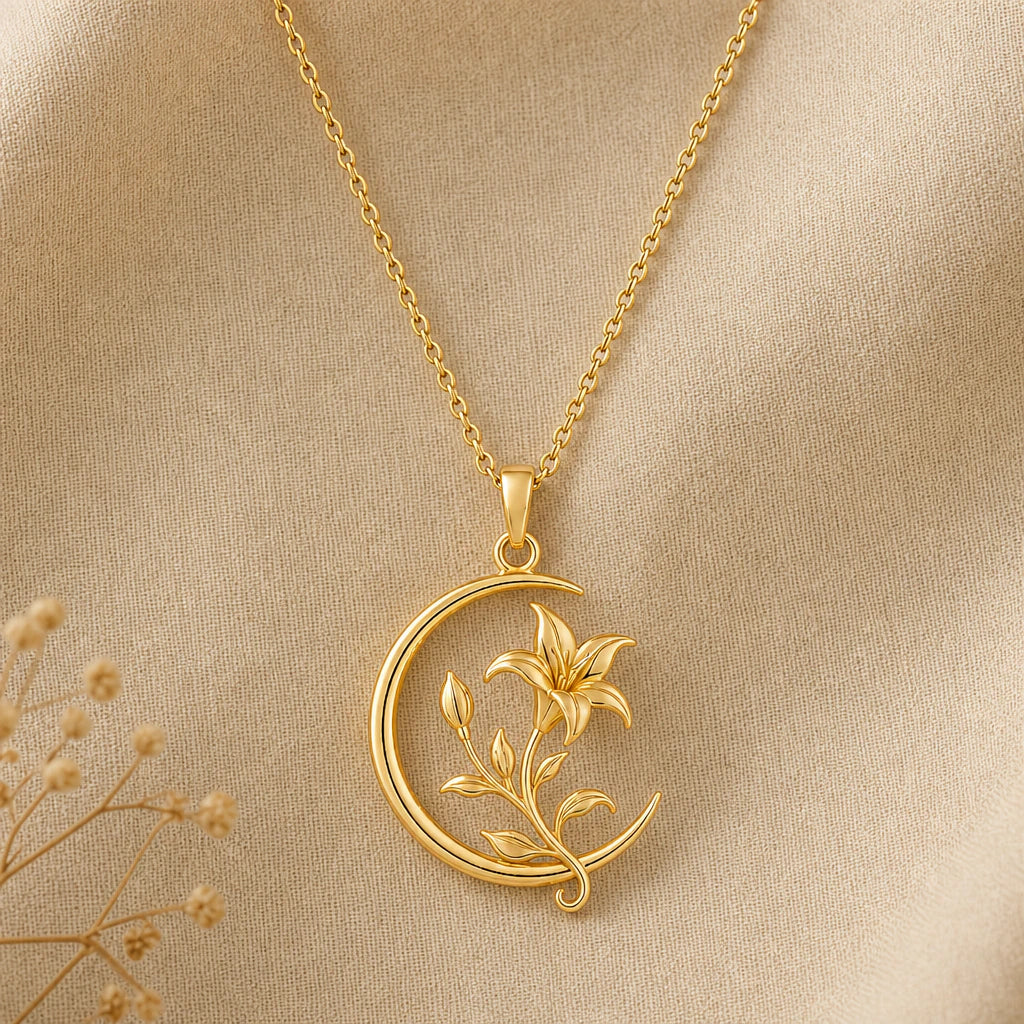 Crescent moon and lily pendant necklace in 18k gold plated sterling silver
