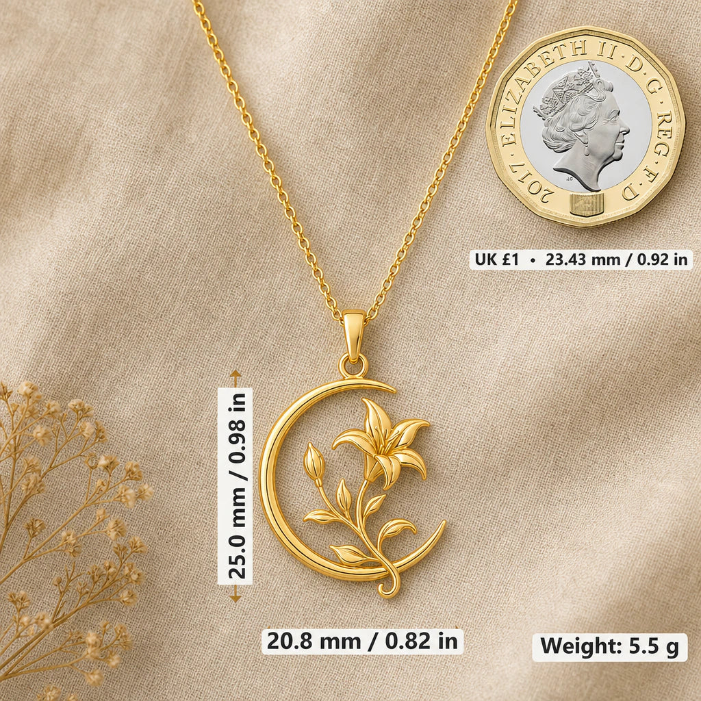 Moon and lily necklace size image showing 25 mm height, 20.8 mm width and 5.5 g weight beside a UK pound coin