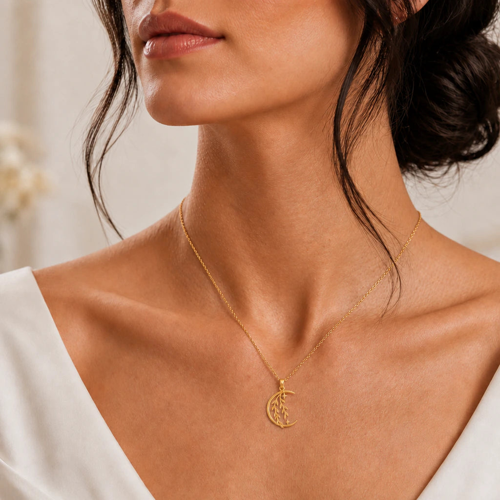 Celestial willow moon pendant necklace worn, close-up