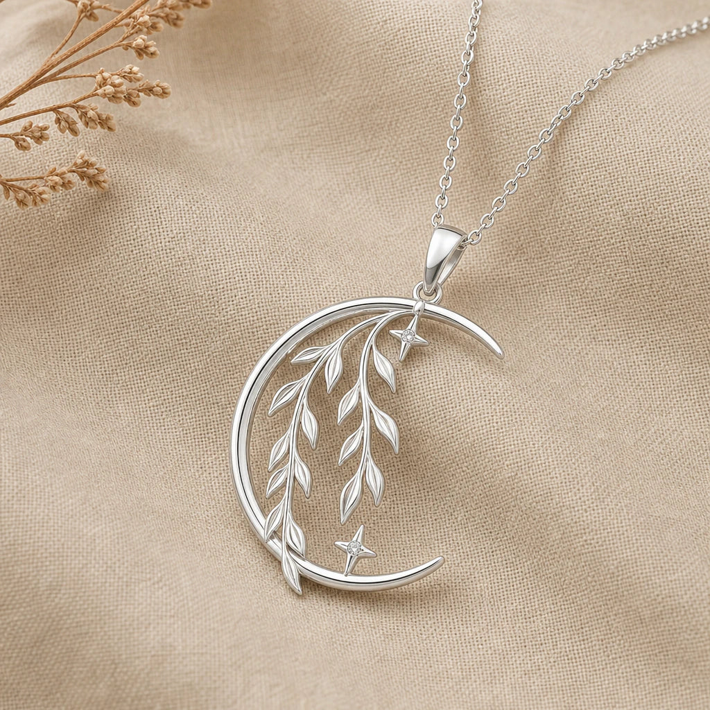 Celestial willow moon pendant necklace in 925 sterling silver