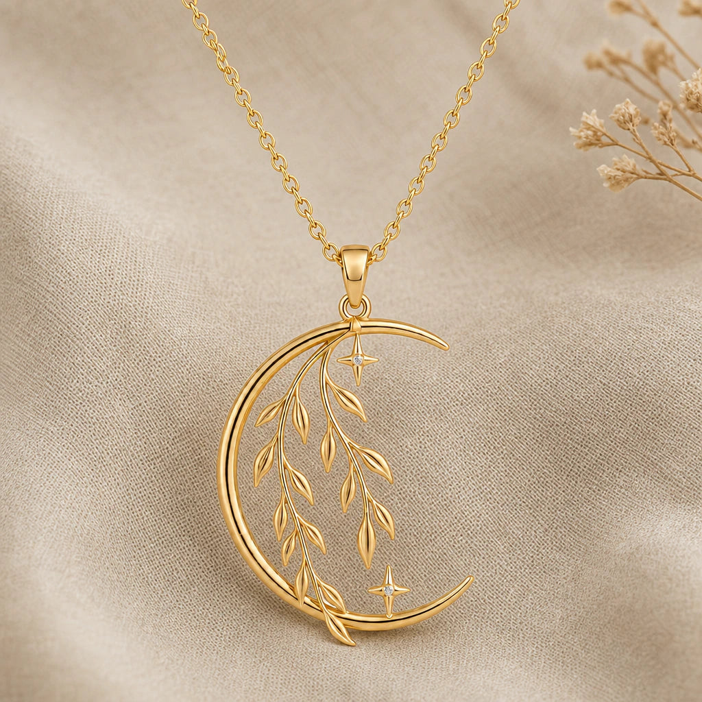 Celestial willow moon pendant necklace in 18k gold plated sterling silver