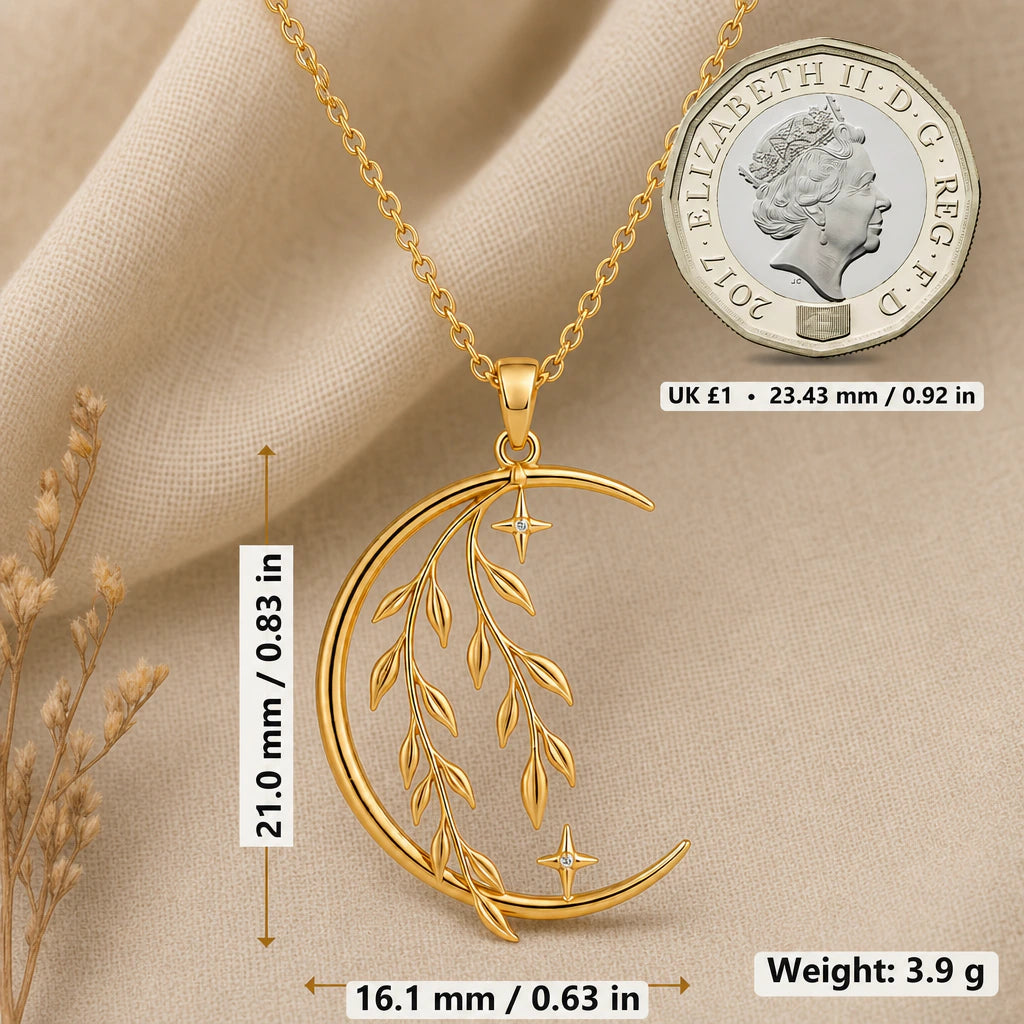 Willow moon necklace size image showing 21 mm height, 16.1 mm width and 3.9 g weight beside a UK pound coin