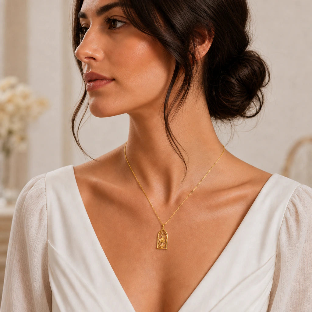 Orchid window pendant necklace worn by a model