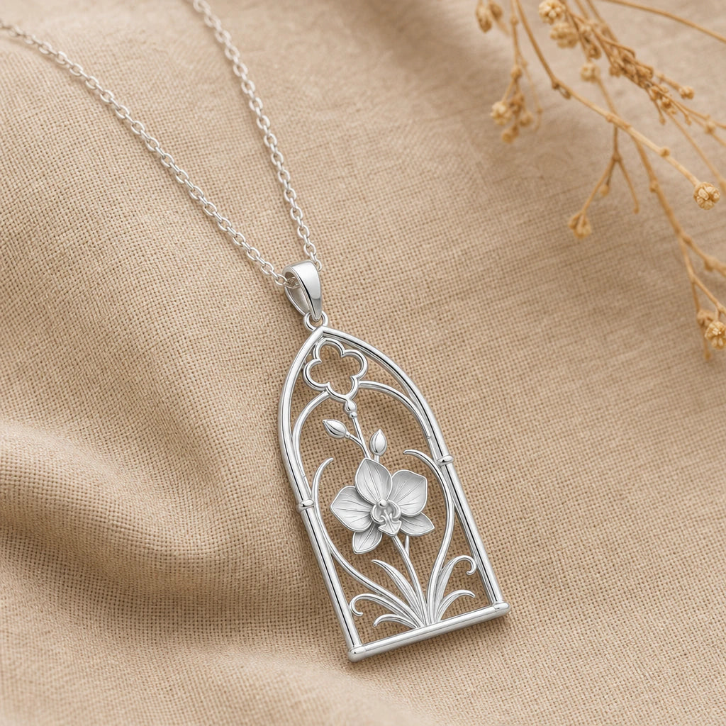 Orchid window pendant necklace in 925 sterling silver