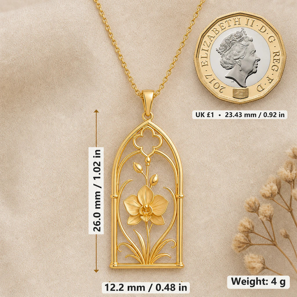 Orchid window necklace size image showing 26 mm height, 12.2 mm width and 4 g weight beside a UK pound coin