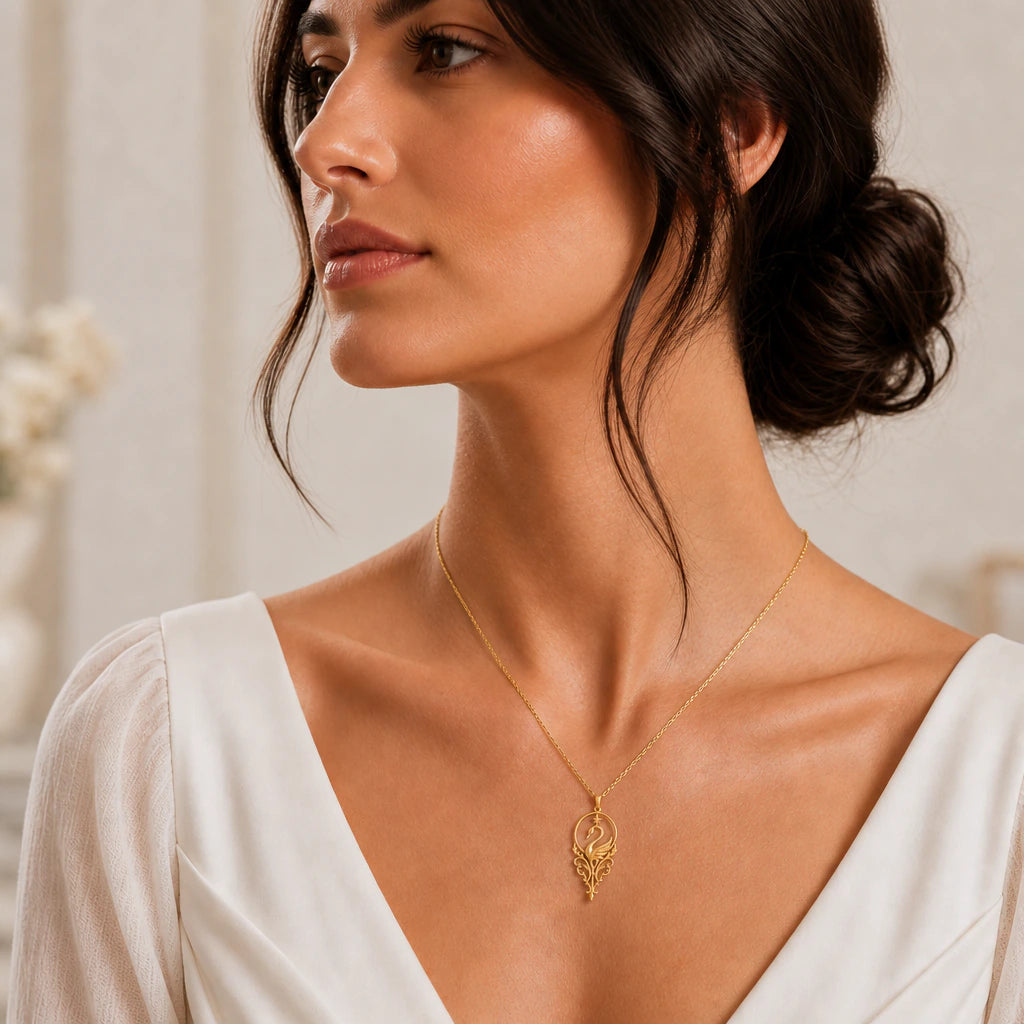 Swan halo pendant necklace worn by a model