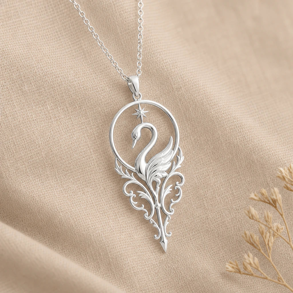 Swan halo pendant necklace in 925 sterling silver