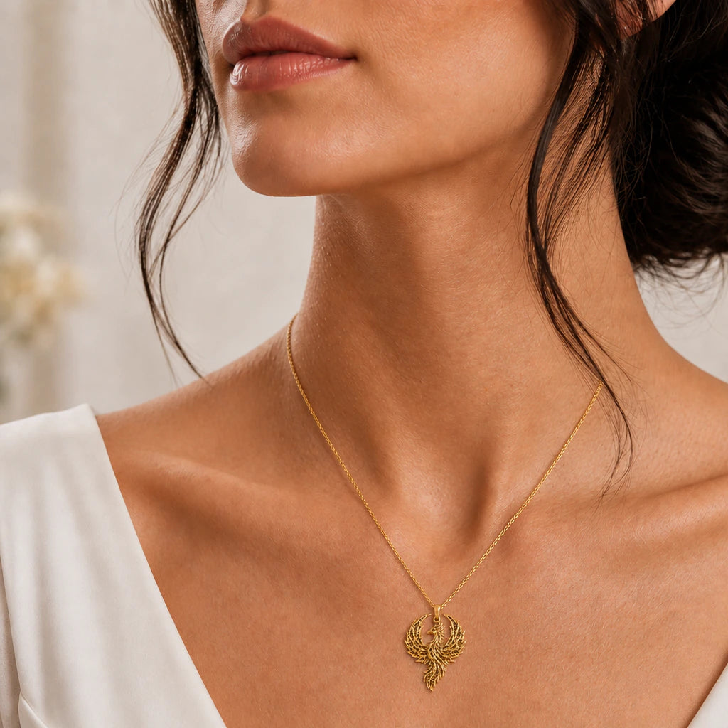 Phoenix pendant necklace worn, close-up