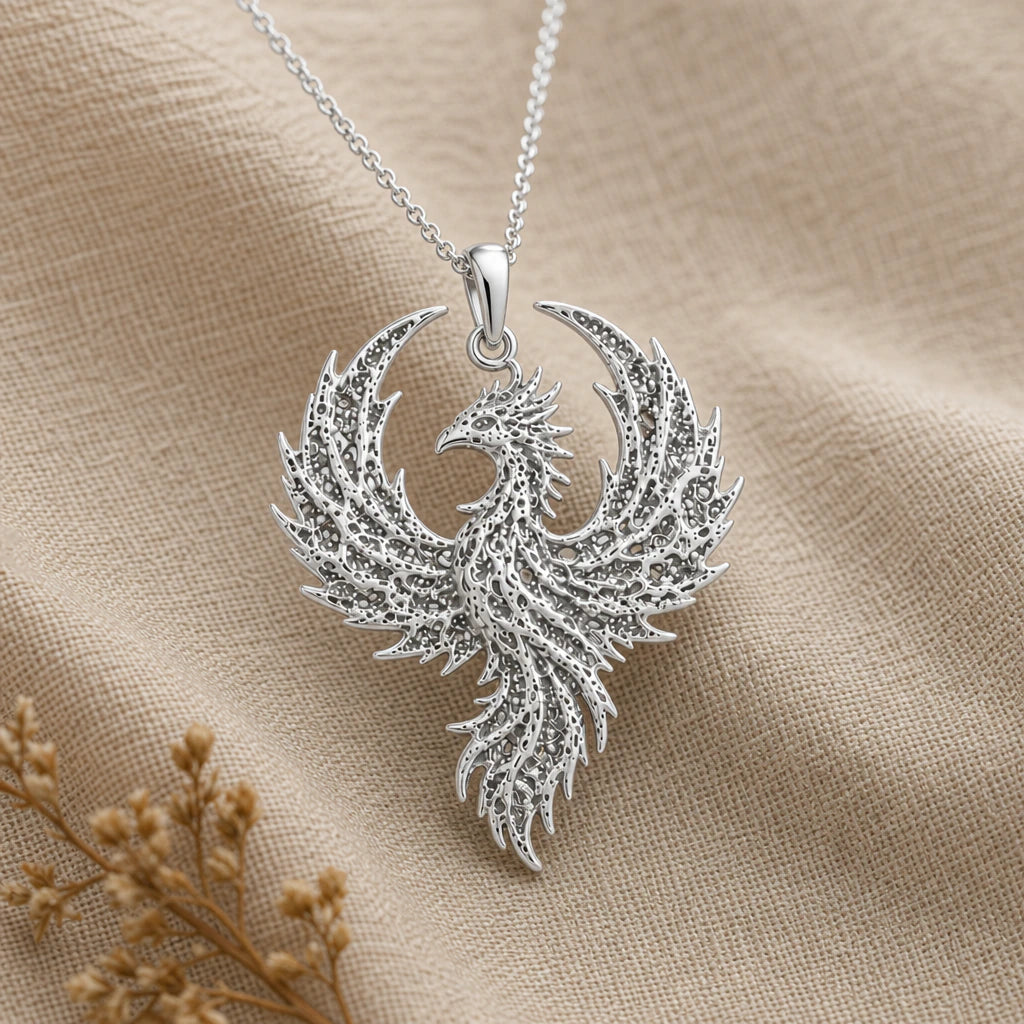 Close-up of silver phoenix pendant with raised wings and textured feathers