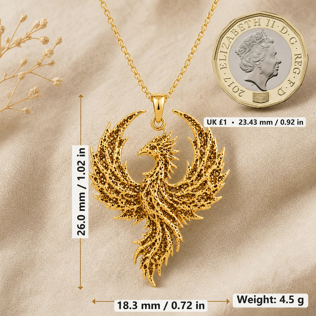 Phoenix necklace size image showing 26 mm height, 18.3 mm width and 4.5 g weight beside a UK pound coin