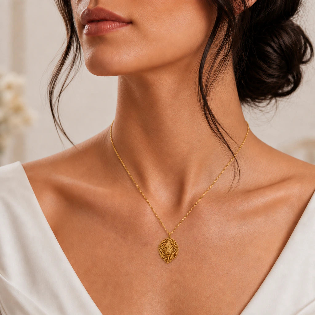 Lion head pendant necklace worn, close-up