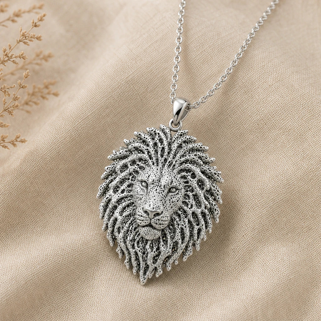Close-up of silver lion head pendant with textured mane