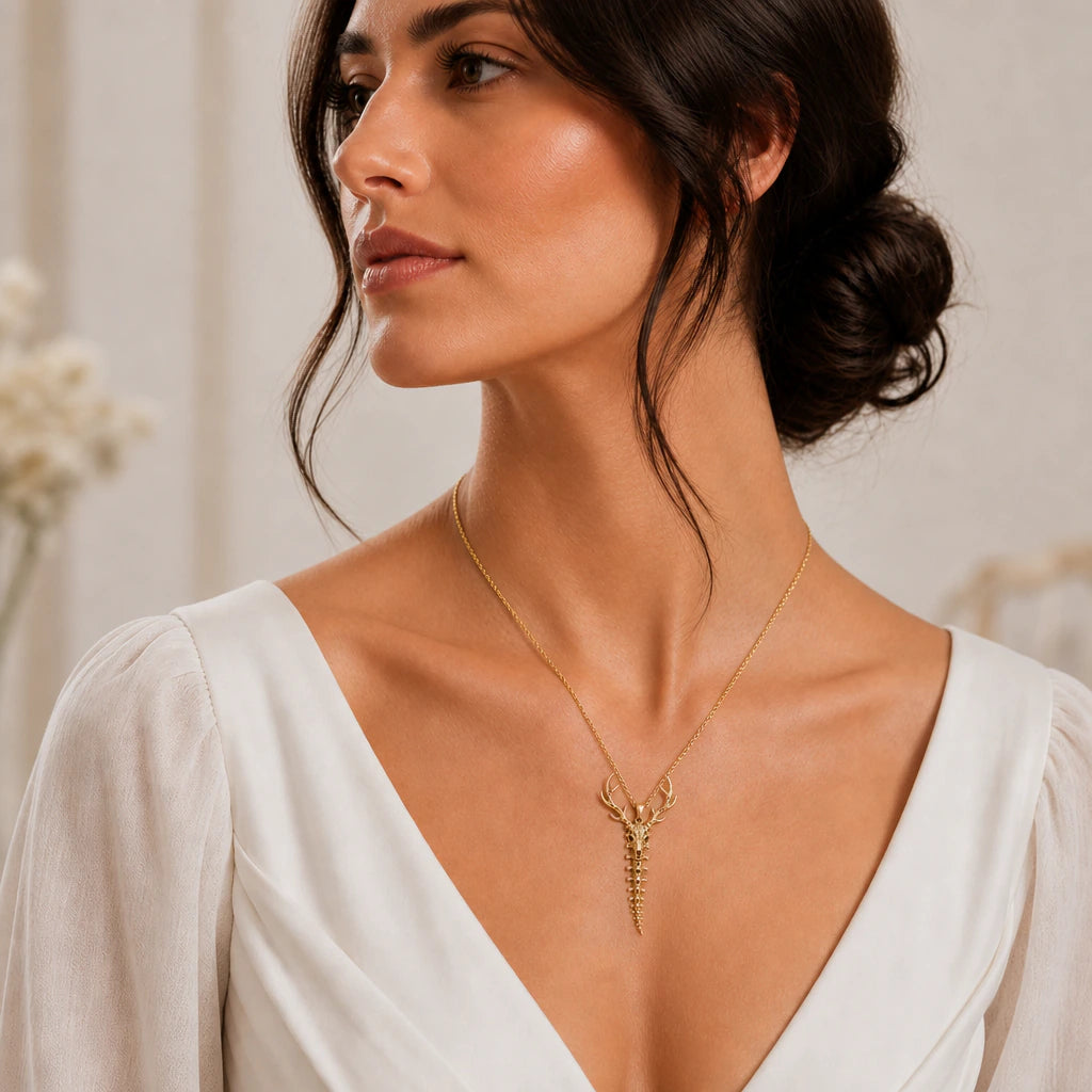 Deer skull and spine pendant necklace worn by a model