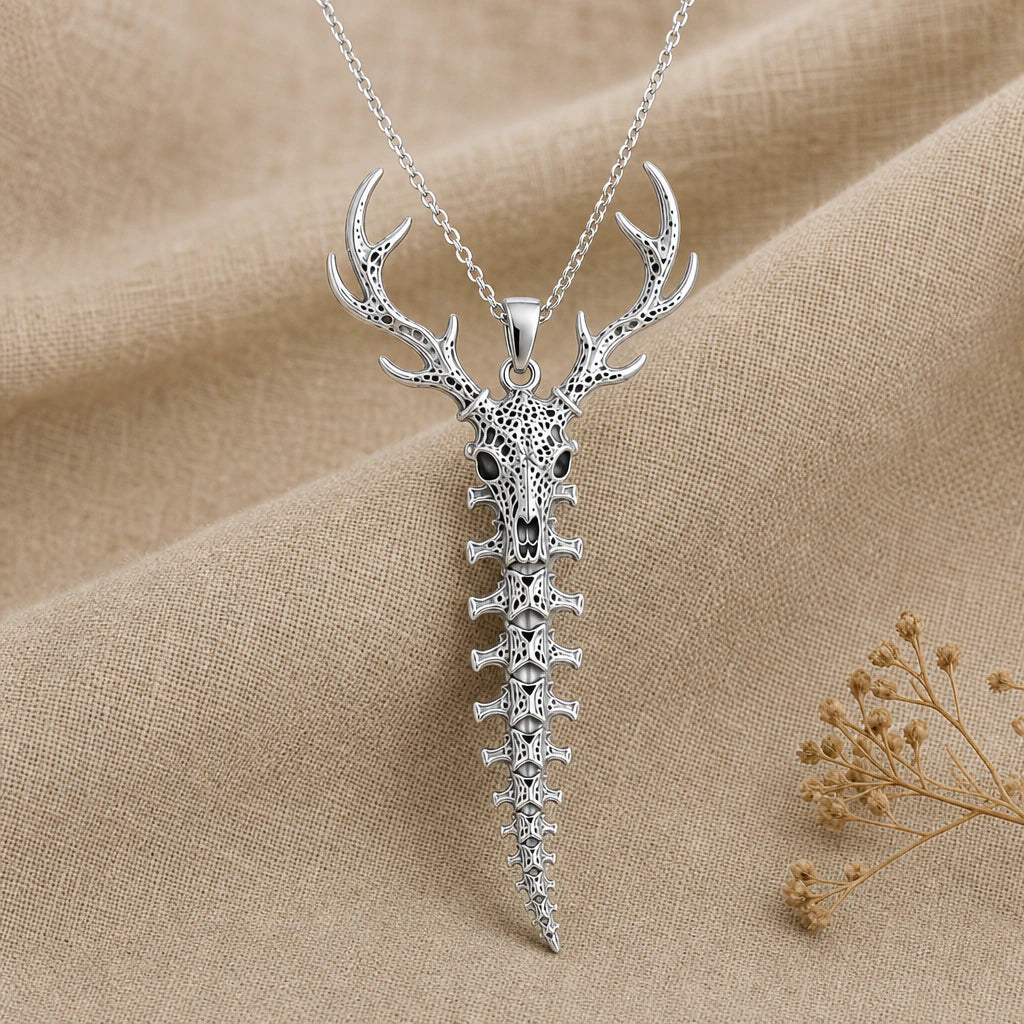 Close-up of silver stag skull and spine pendant with antler detail