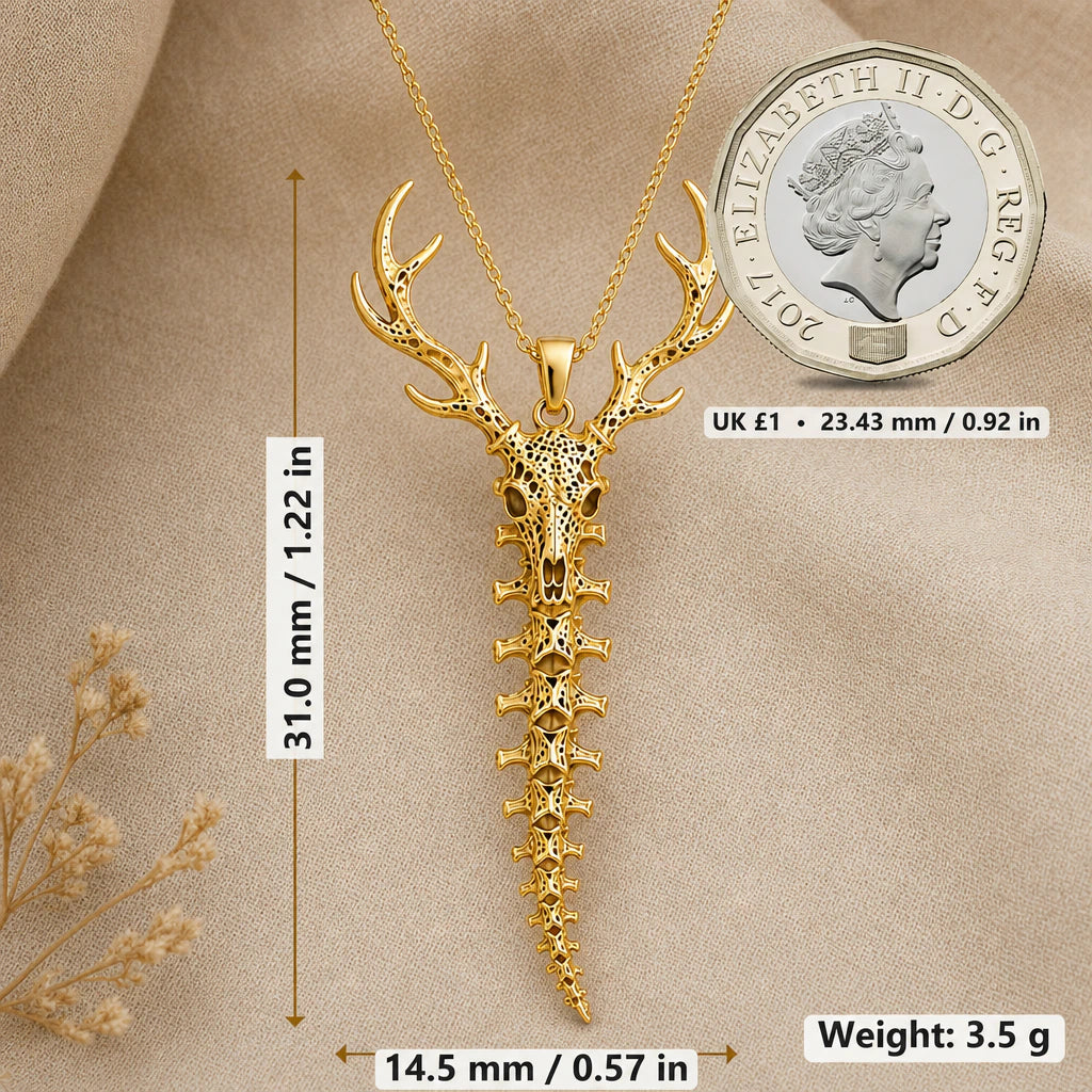 Deer spine necklace size image showing 31 mm height, 14.5 mm width and 3.5 g weight beside a UK pound coin