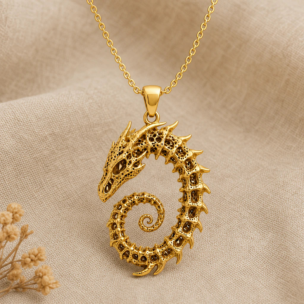 Dragon skeleton pendant necklace in 18k gold plated sterling silver