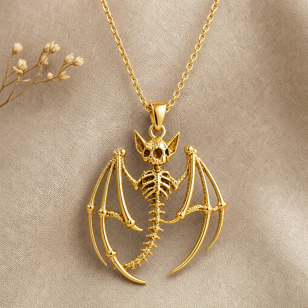 Bat skeleton pendant necklace in 18k gold plated sterling silver