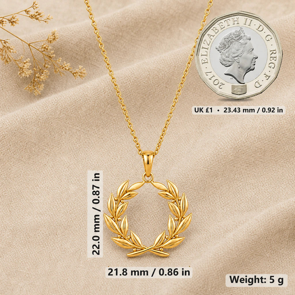 Laurel wreath necklace size image showing 22 mm height, 21.8 mm width and 5 g weight beside a UK pound coin