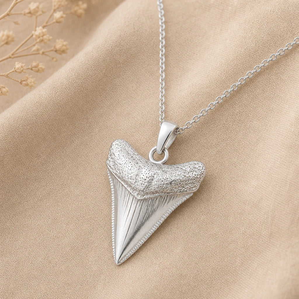 Megalodon tooth pendant necklace in 925 sterling silver on beige linen