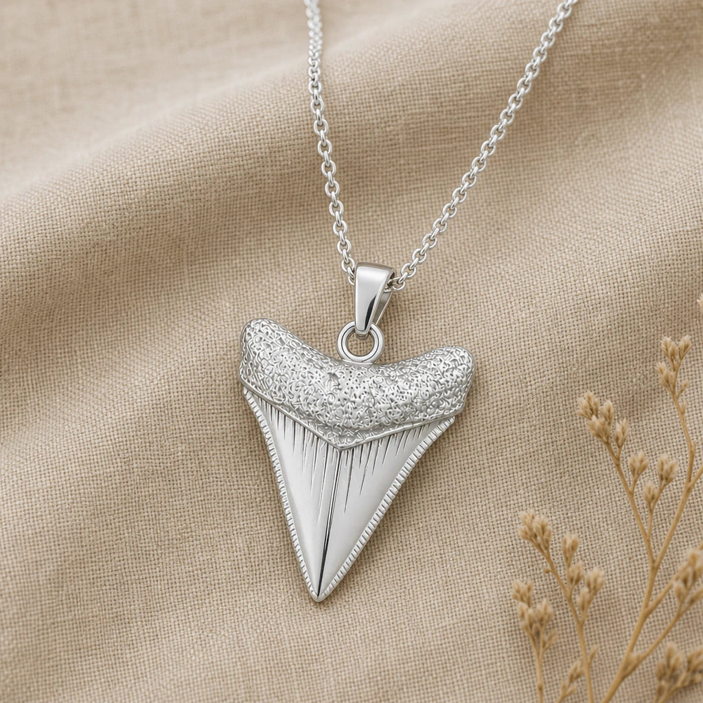 Close-up of silver megalodon tooth pendant with textured root and serrated edges