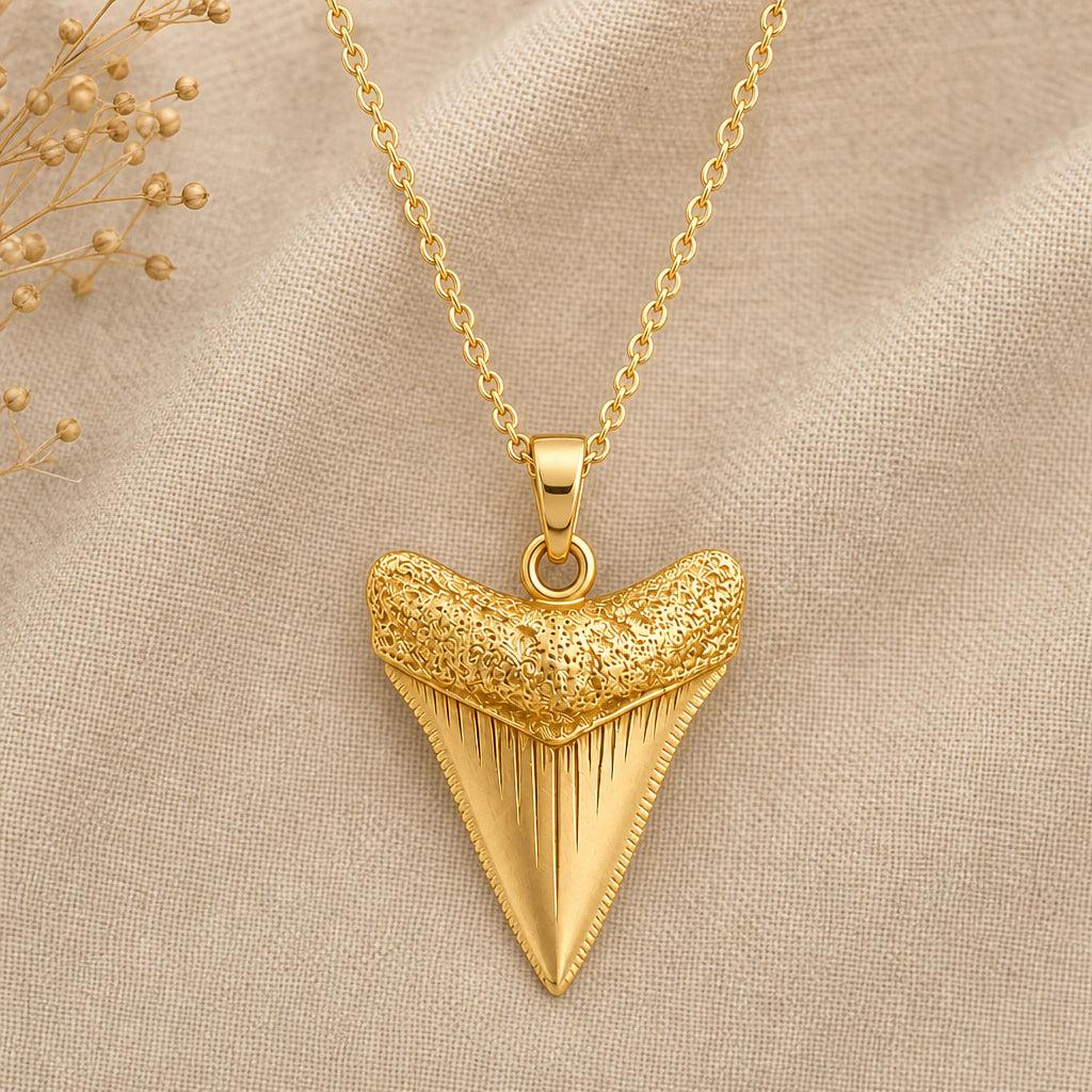 Megalodon tooth pendant necklace in 18k gold plated sterling silver