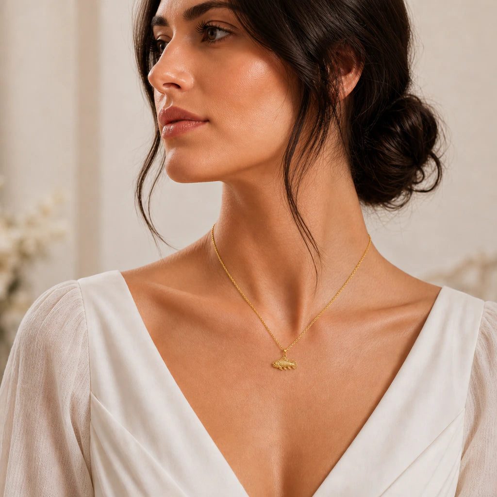 Coelacanth fish pendant necklace worn by a model