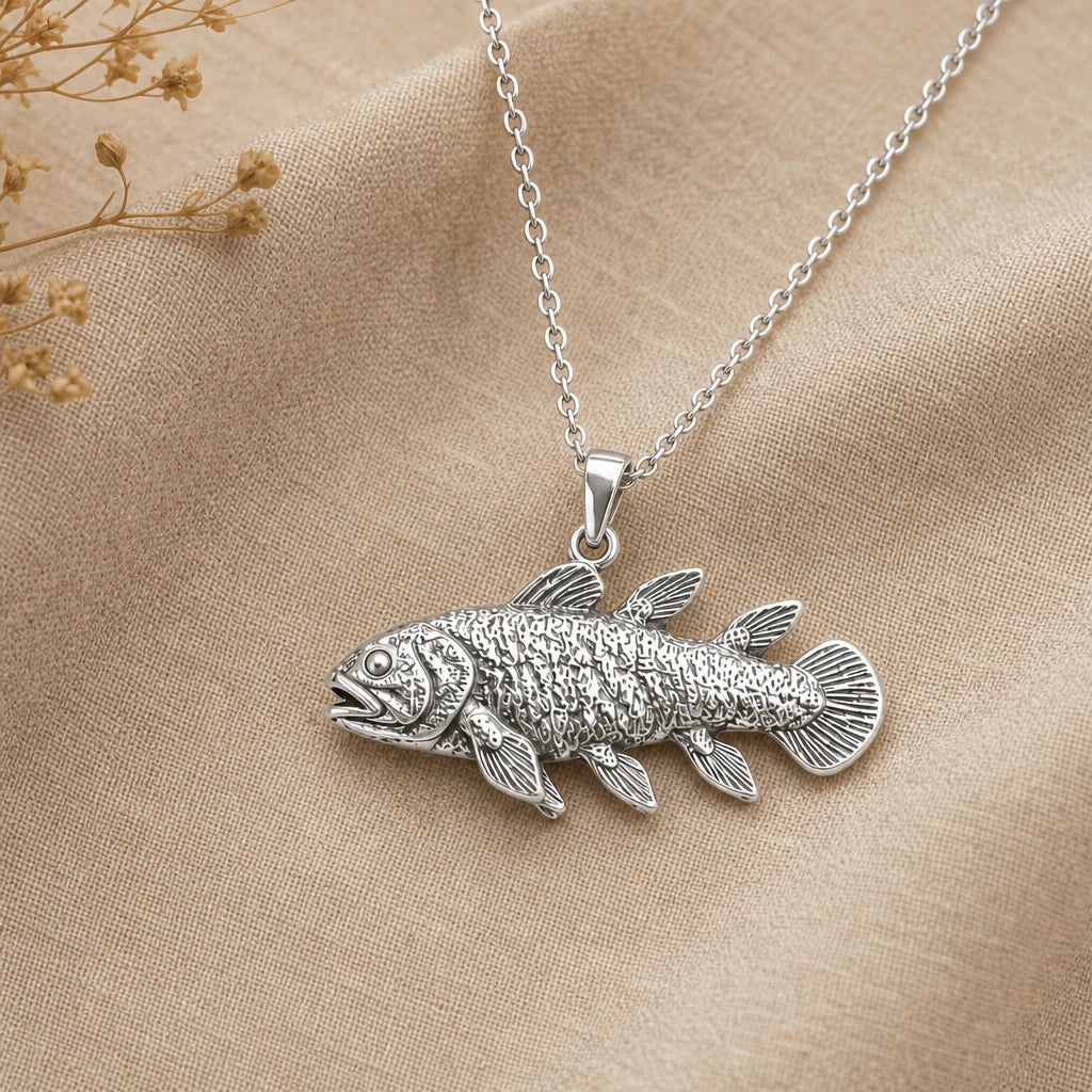 Coelacanth fish pendant necklace in 925 sterling silver on beige linen