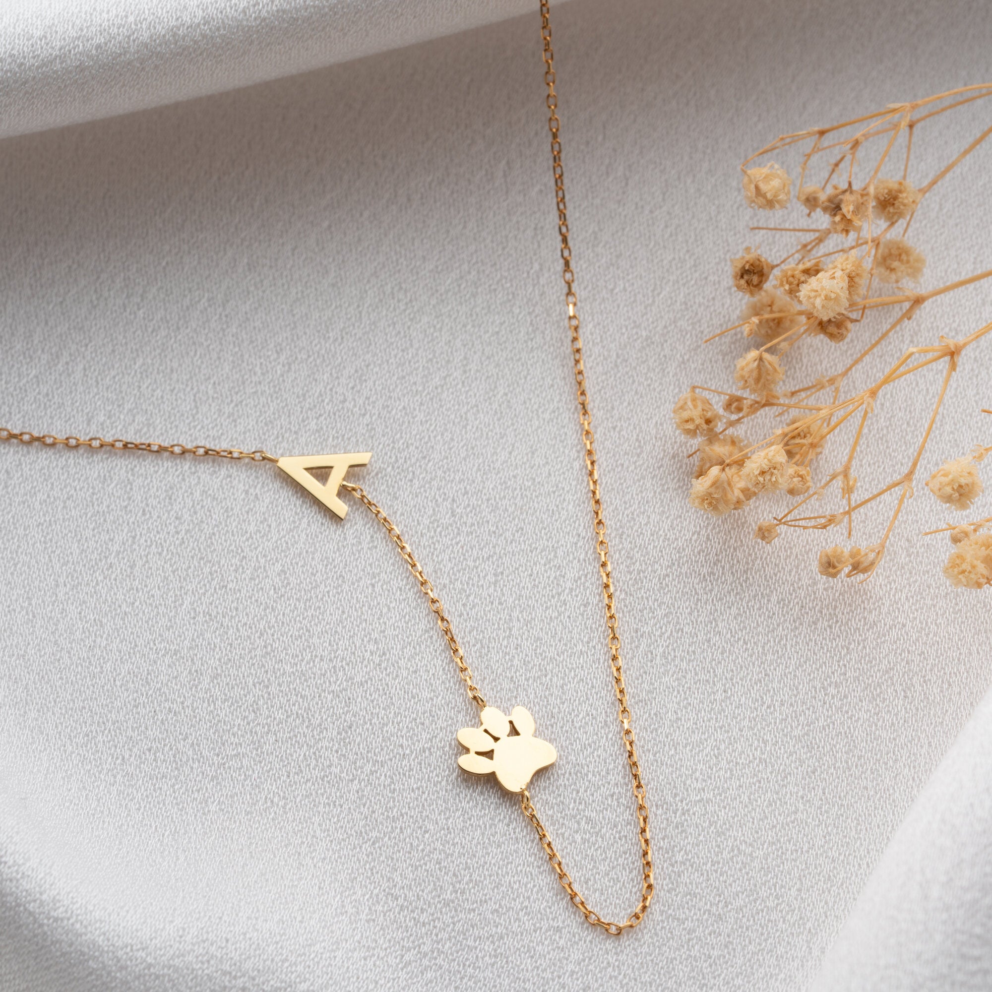 Sideway Initial And Dog Paw Necklace