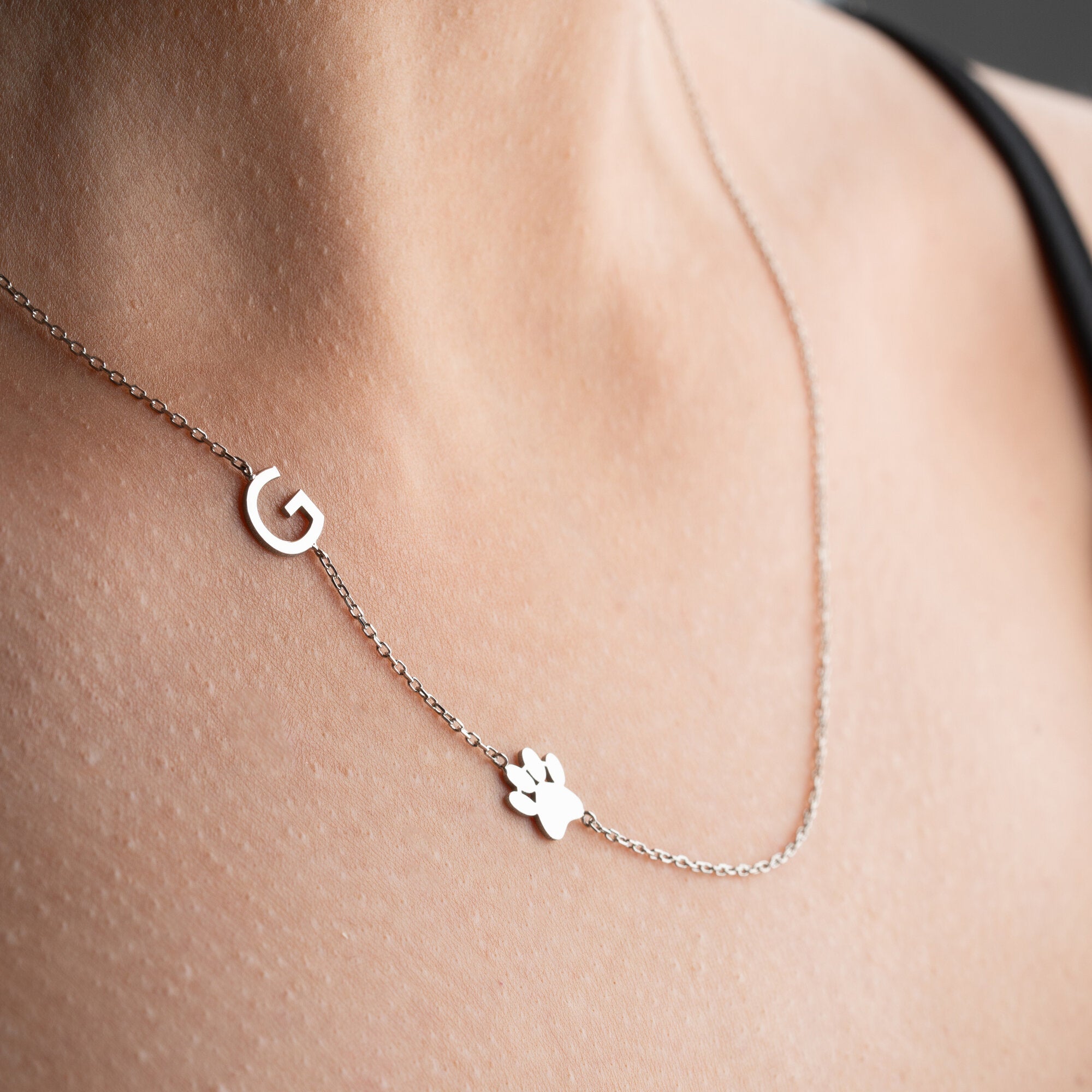 Sideway Initial And Dog Paw Necklace