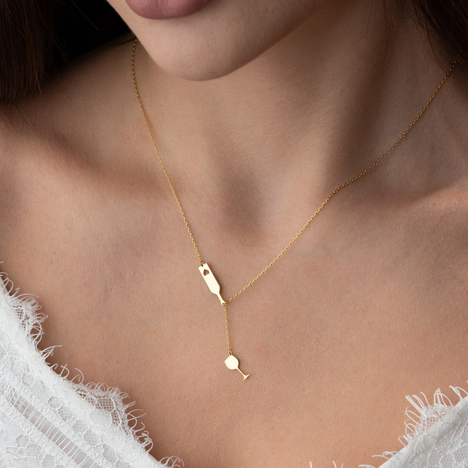 Wine Bottle & Glass Lariat Necklace | Gift for Wine Lover