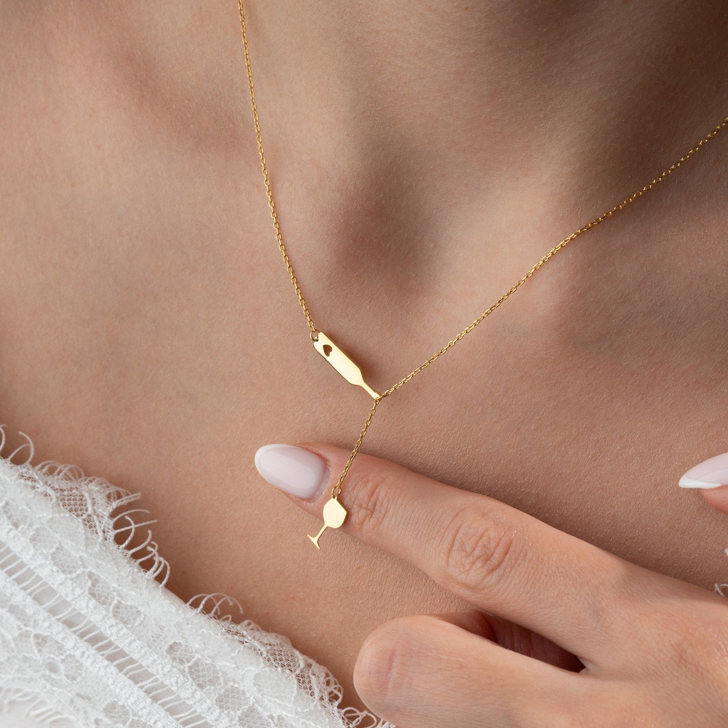 Wine Bottle & Glass Lariat Necklace | Gift for Wine Lover