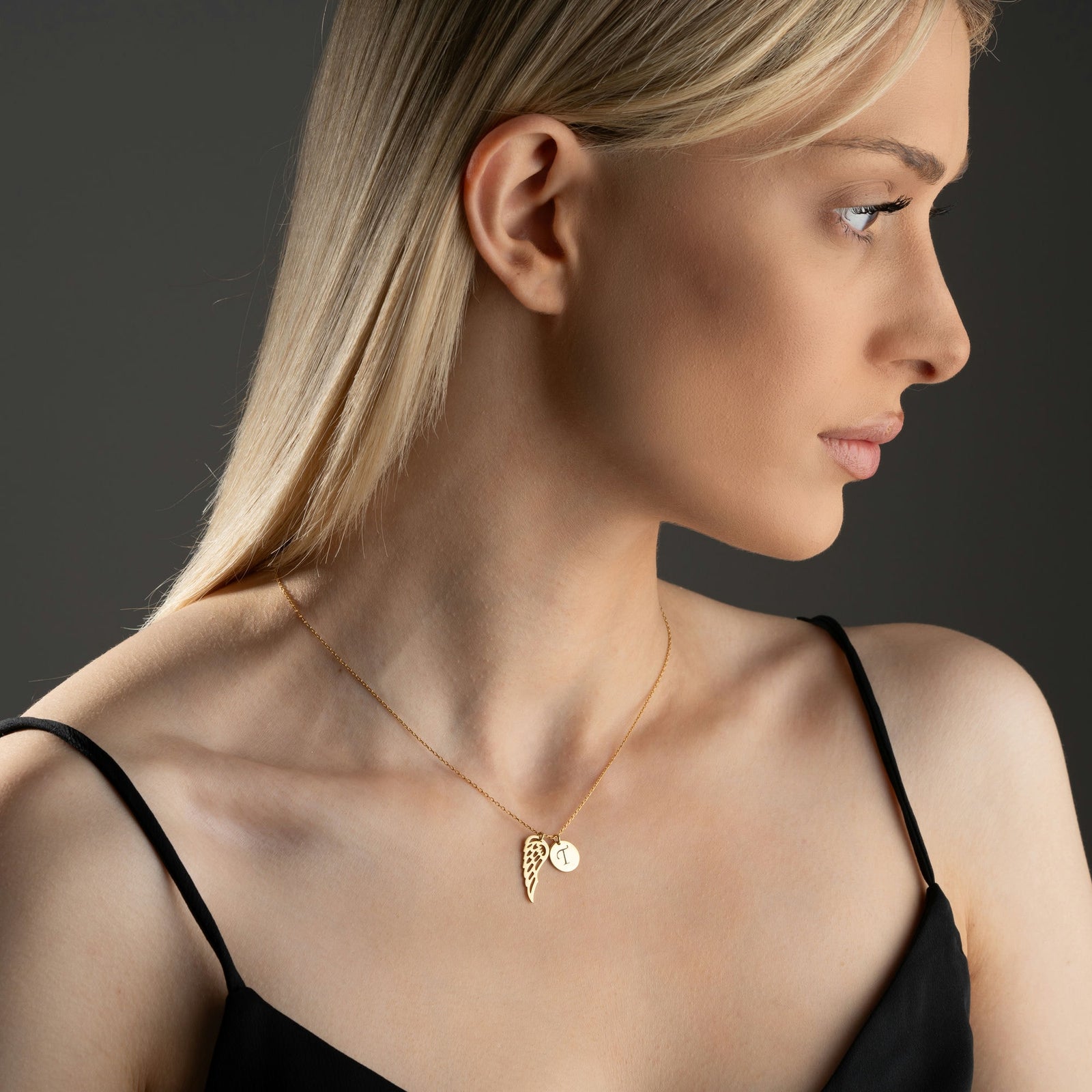 Angel Wing Necklace With Initial Charm