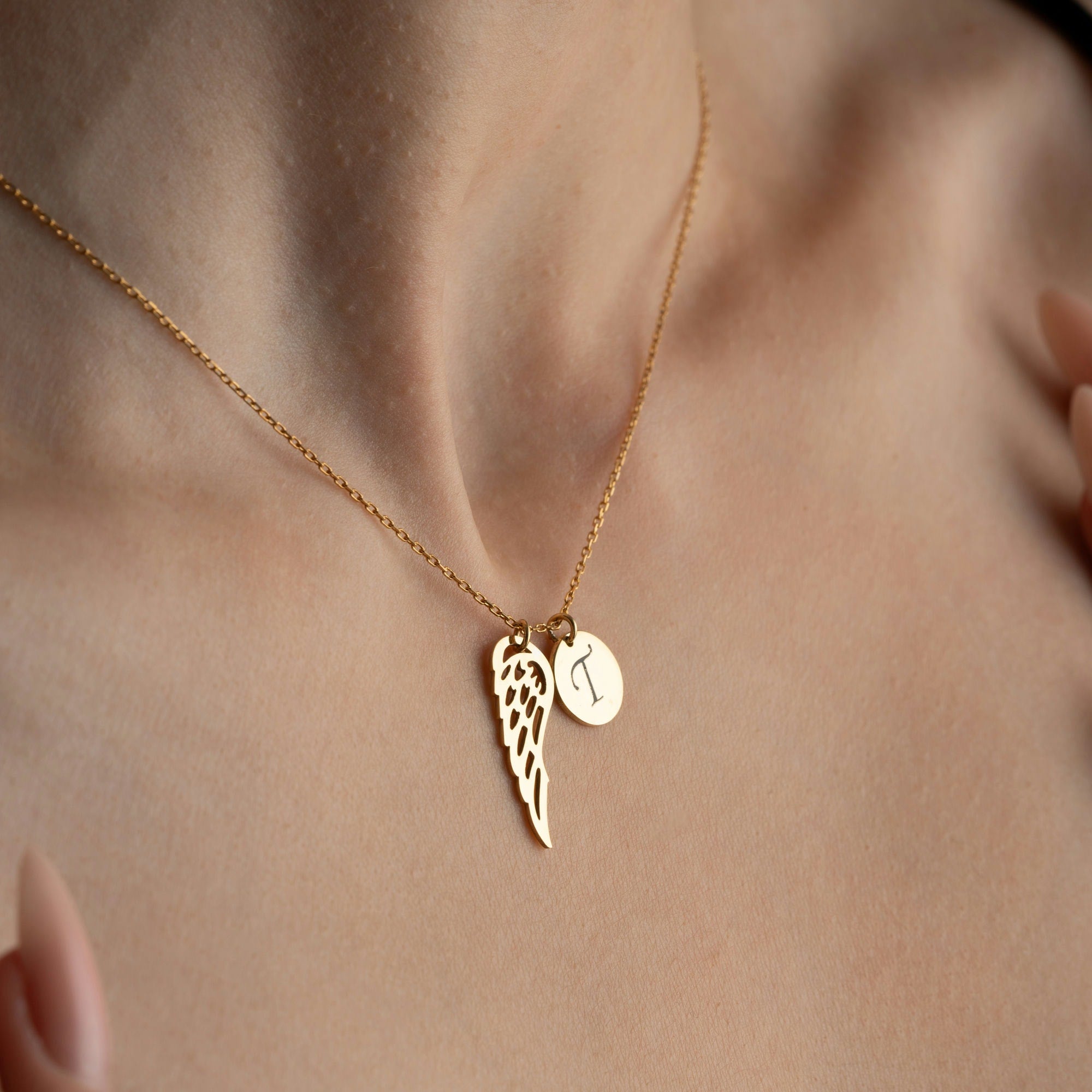 Angel Wing Necklace With Initial Charm