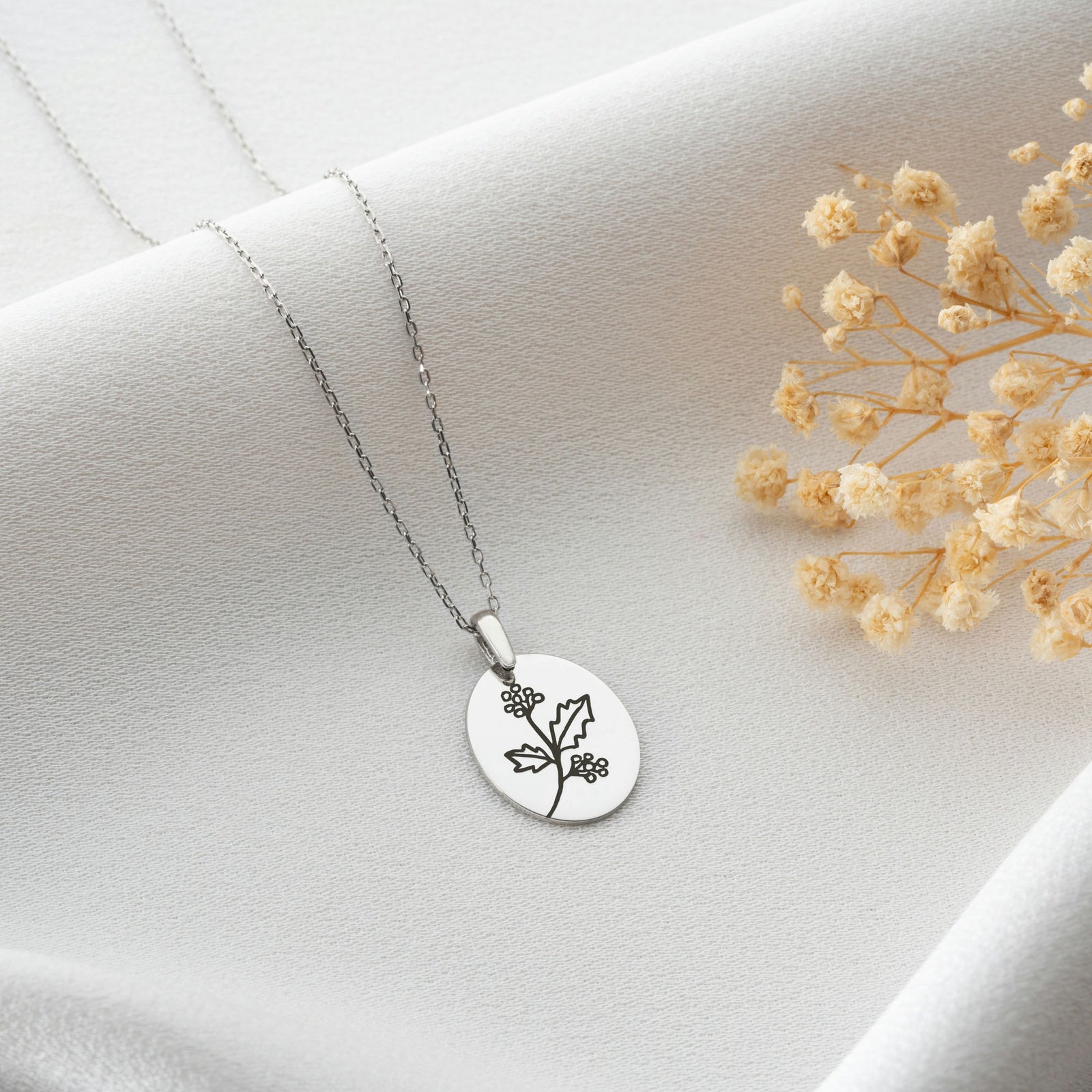 Birth Flower Disc Necklace In Sterling Silver