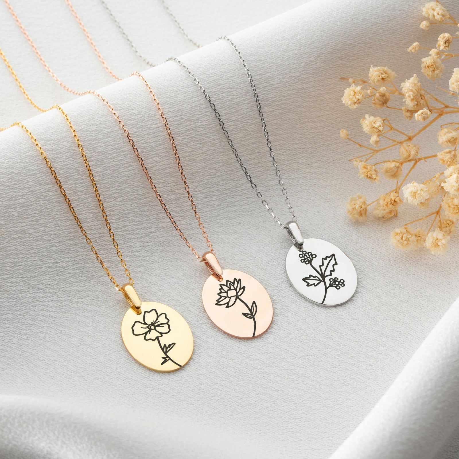 Birth Flower Disc Necklace In Sterling Silver