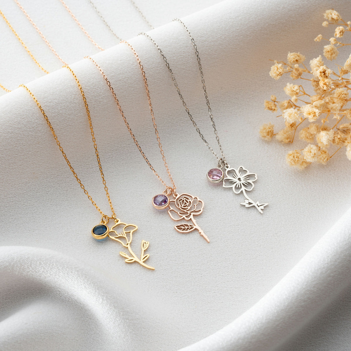 Birth Flower Necklace With Birthstone