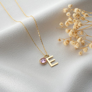 Initial Necklace With Crystal Birthstone