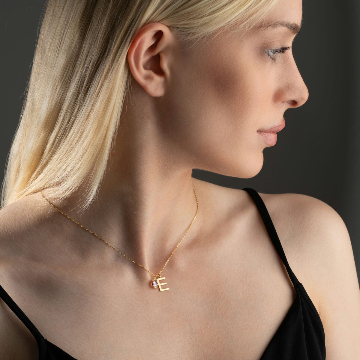 Initial Necklace With Crystal Birthstone