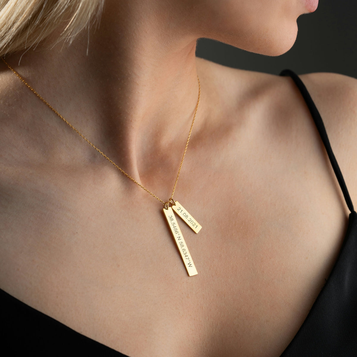 Coordinates and date bar necklace