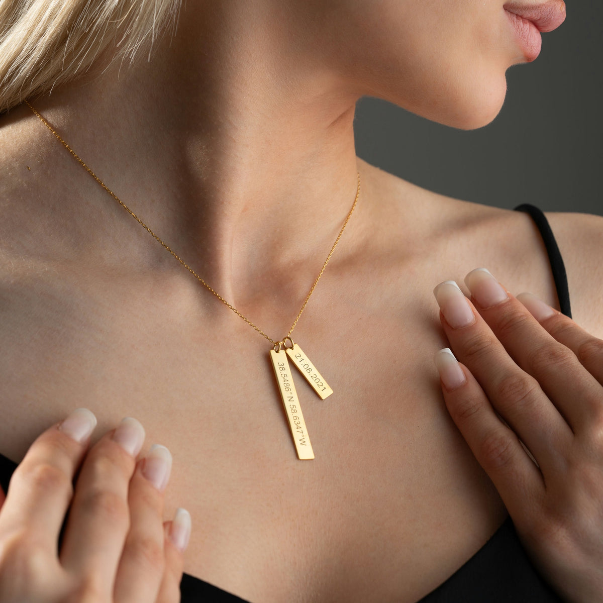 Coordinates and date bar necklace