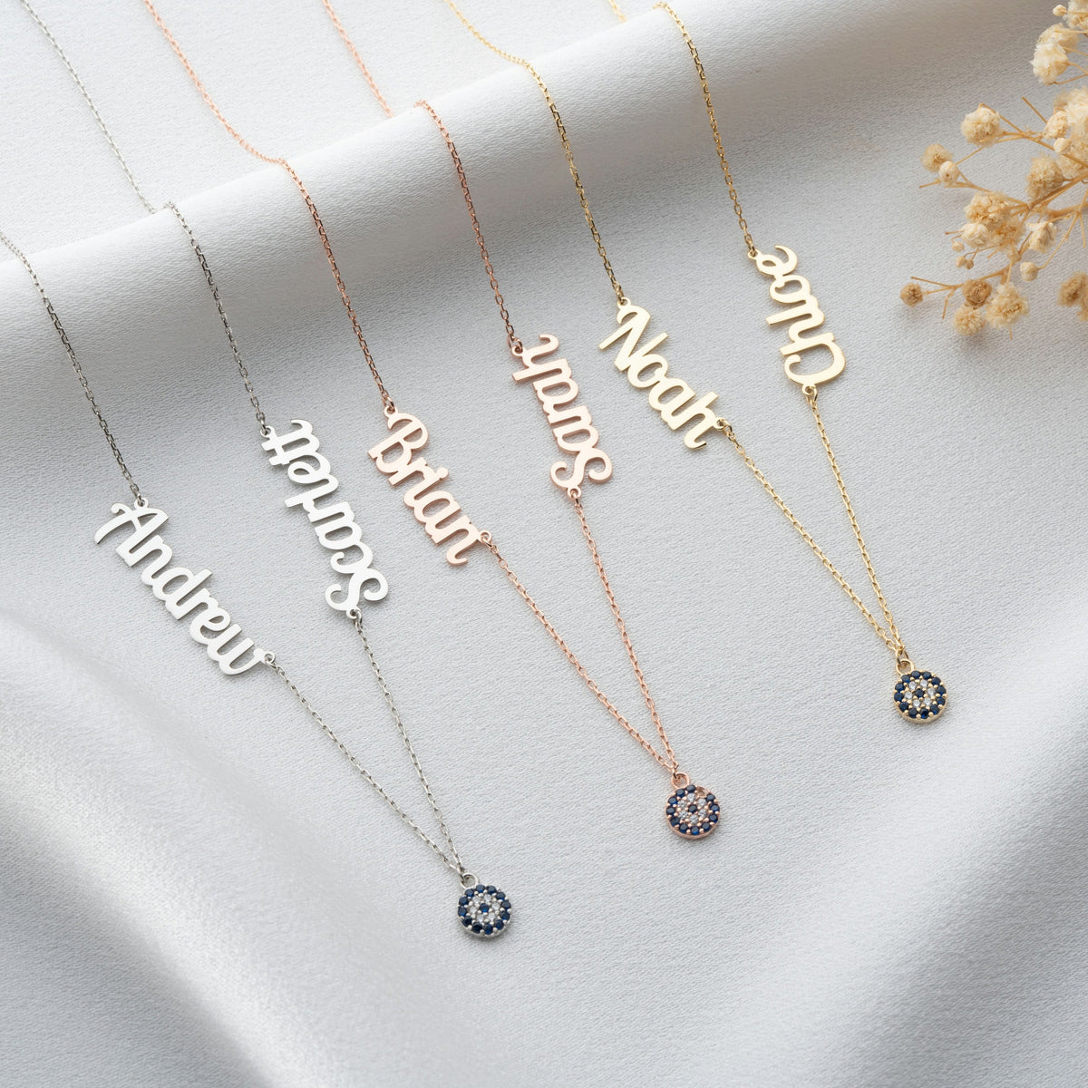 Couple Name And Evil Eye Necklace