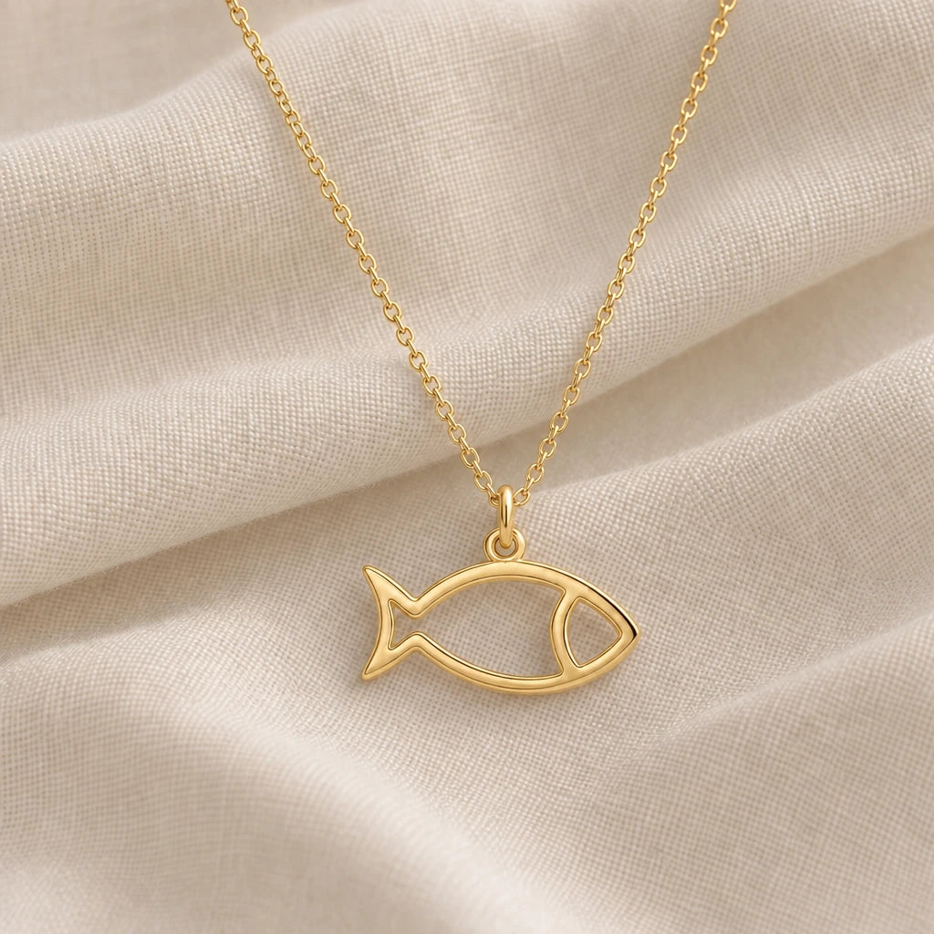 Fish Outline pendant necklace in an 18k gold plated finish
