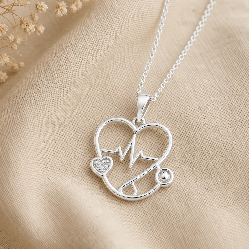 Nurse Stethoscope Heart Birthstone Pendant Necklace in sterling silver