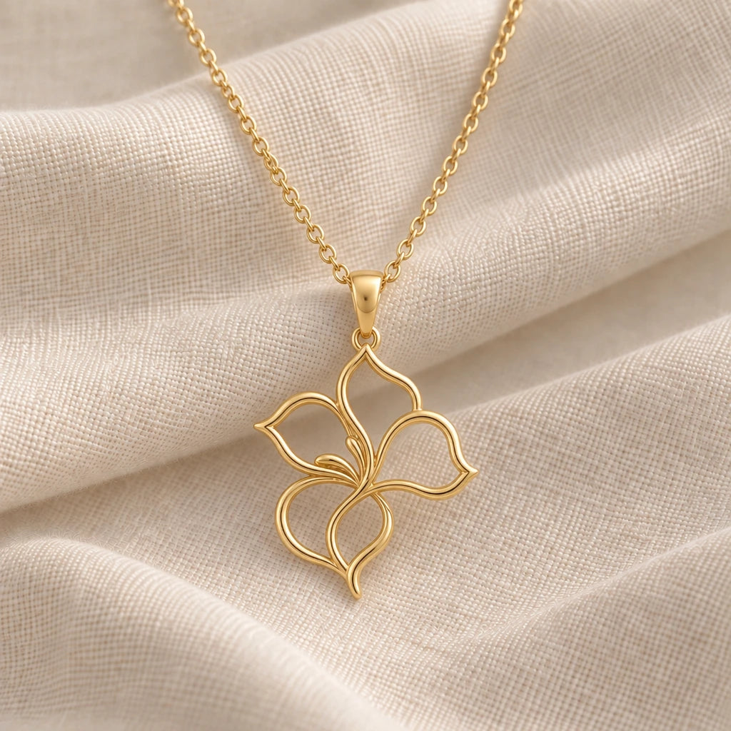 Velvet Petal Flower Outline pendant necklace in an 18k gold plated finish