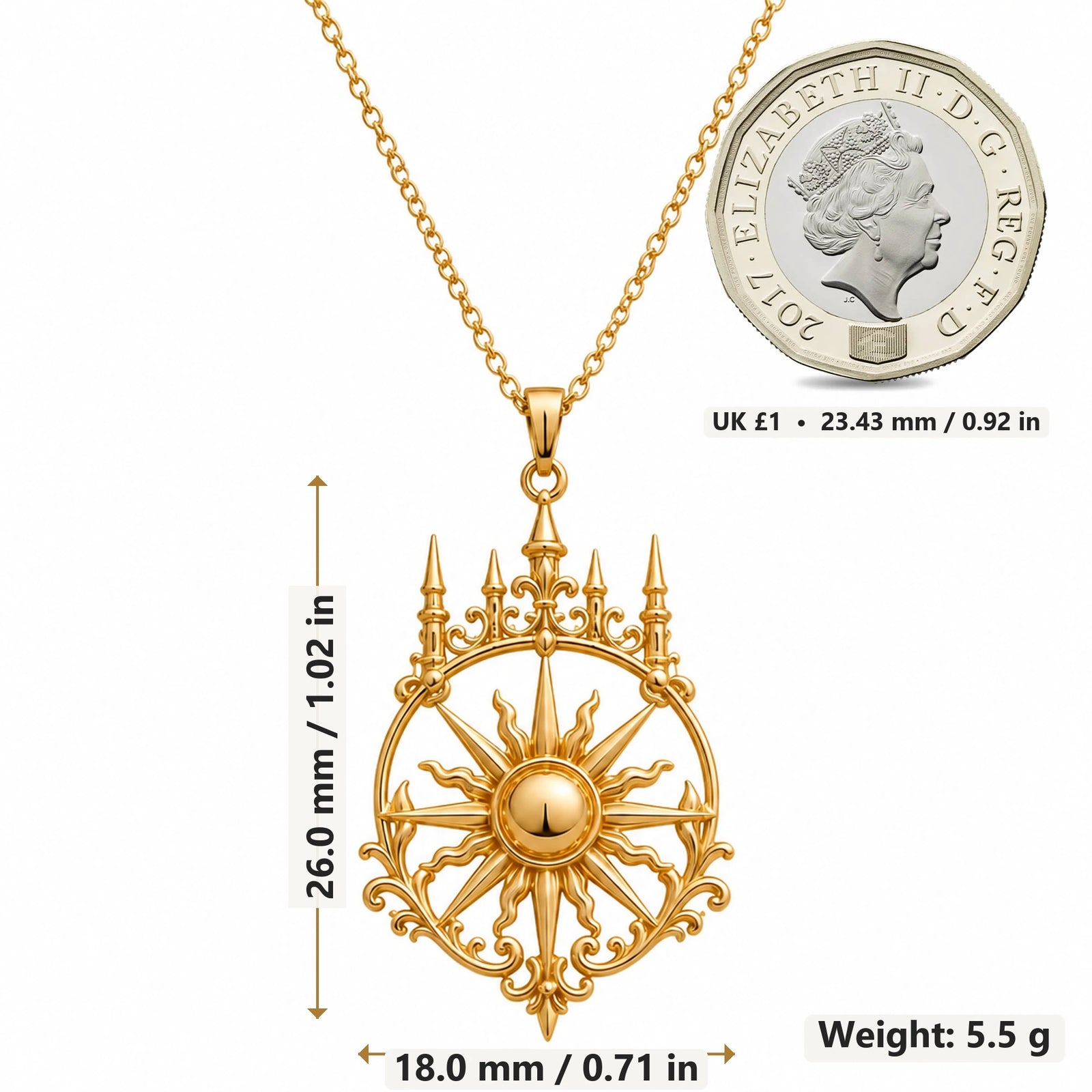 Royal Sunspire pendant necklace size image showing 26.0 mm height, 18.0 mm width and 5.5 g weight