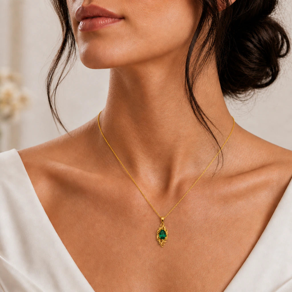 Feathered Leaf Marquise Birthstone Pendant Necklace worn, second view