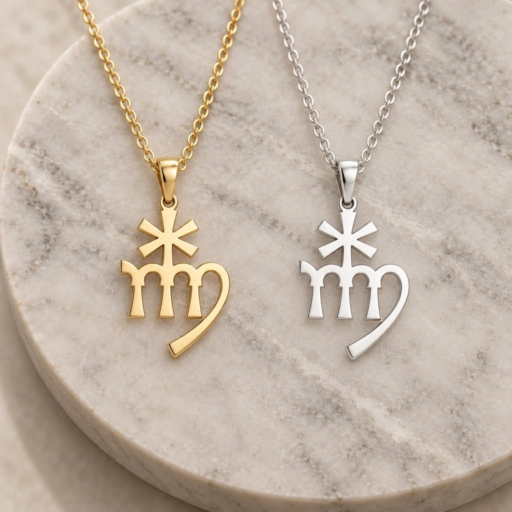 Astraea Asteroid Symbol pendant necklace in silver and gold finishes side by side