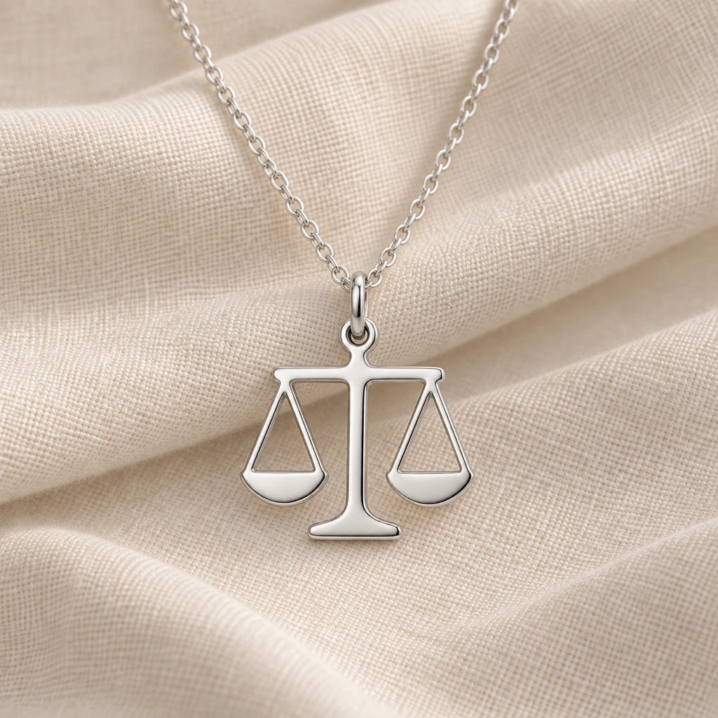 925 sterling silver scales of justice pendant necklace on cream fabric