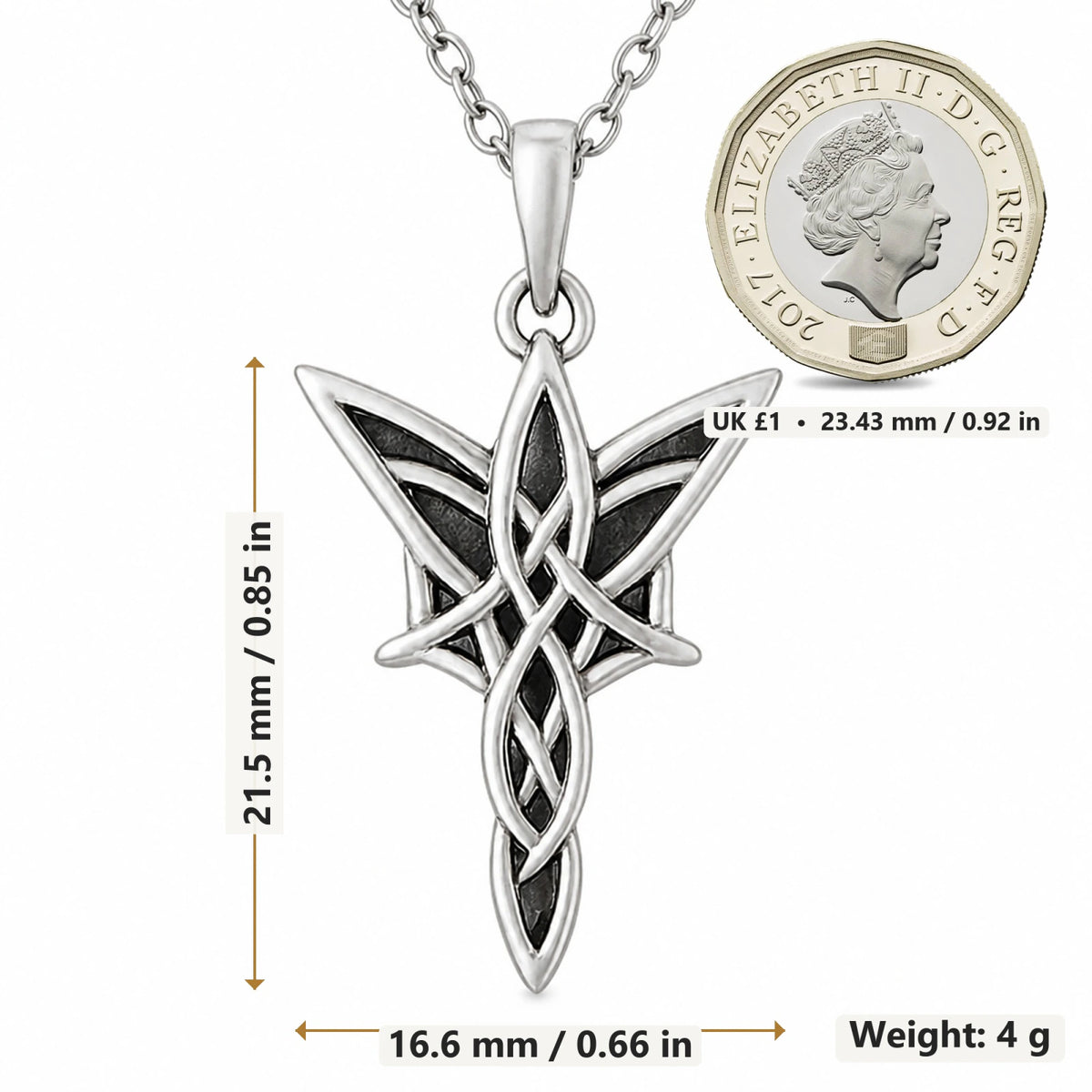 Elven Star pendant necklace size image showing 21.5 mm height and 16.6 mm width and 4 g weight