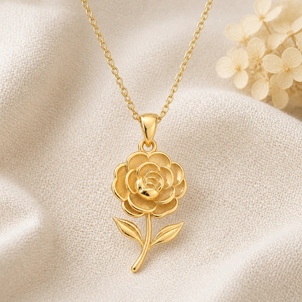 Camellia Flower pendant necklace in a warm gold finish on cream fabric